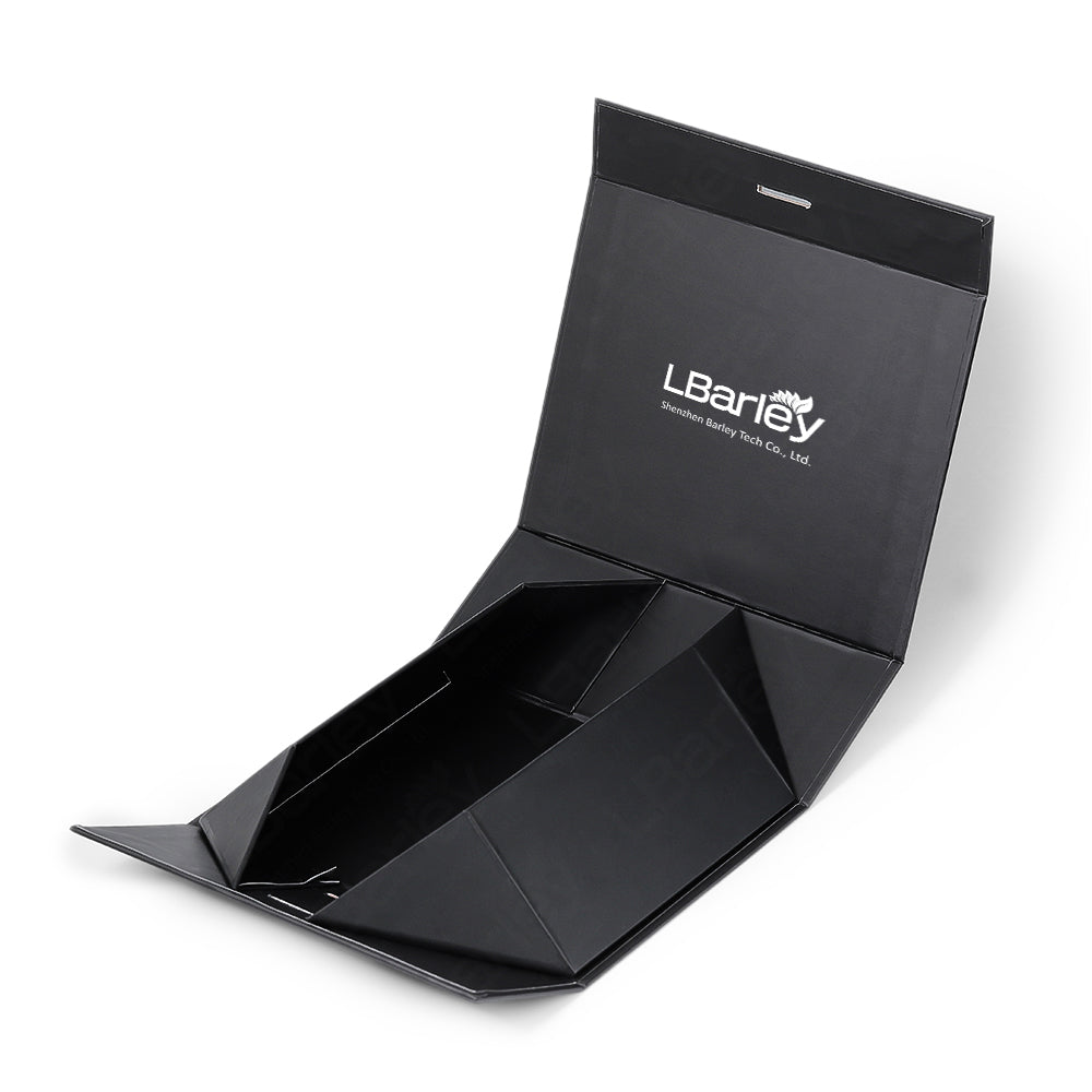 Open black collapsible magnetic gift box showing hinged lid and folding base panels.