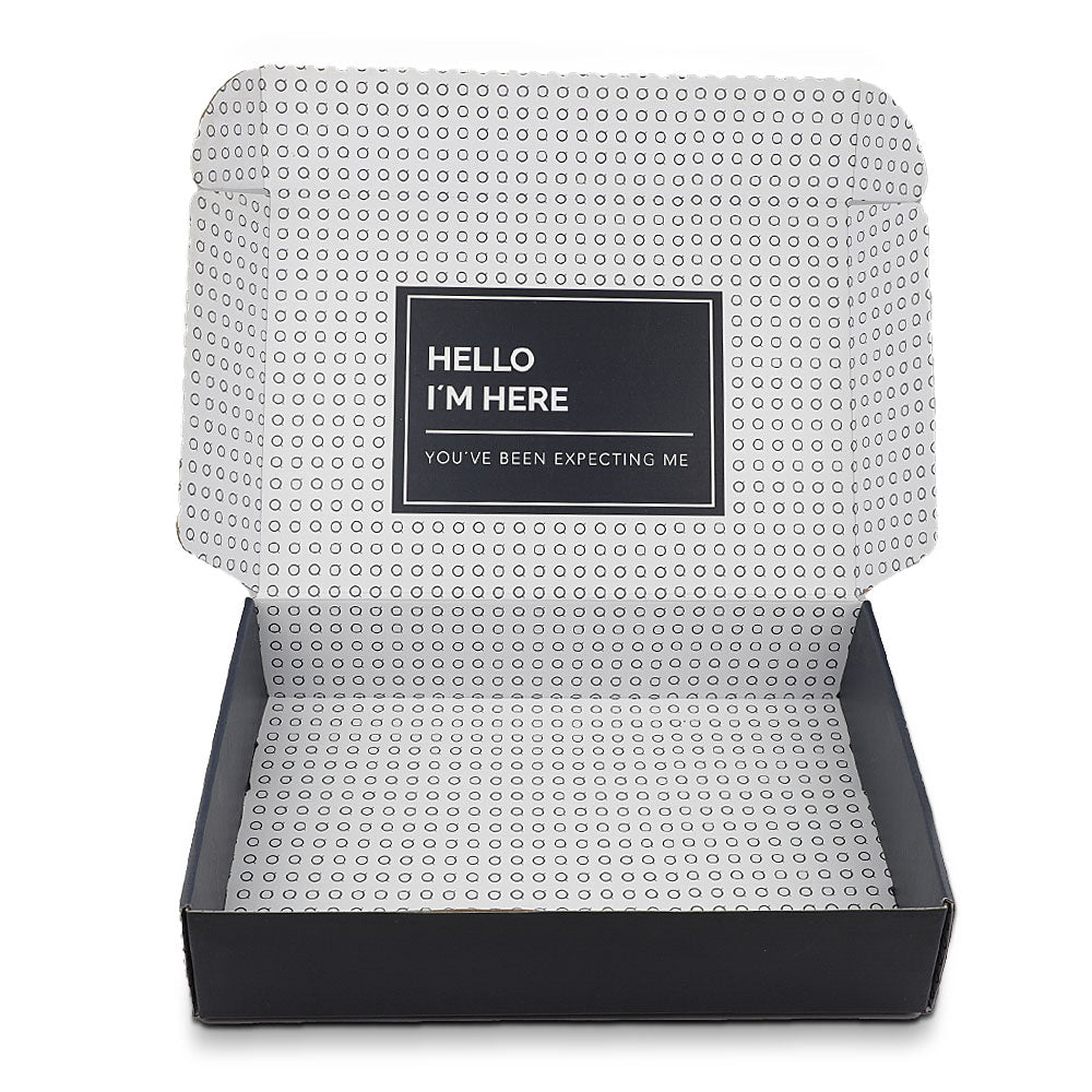 Open black mailer box with a white repeating pattern across the interior lid and base.