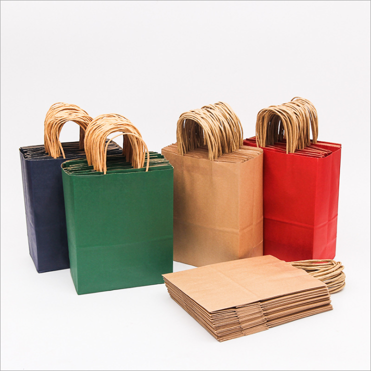 Kraft, green, red and navy paper shopping bags with twisted paper handles and flat-packed bags.