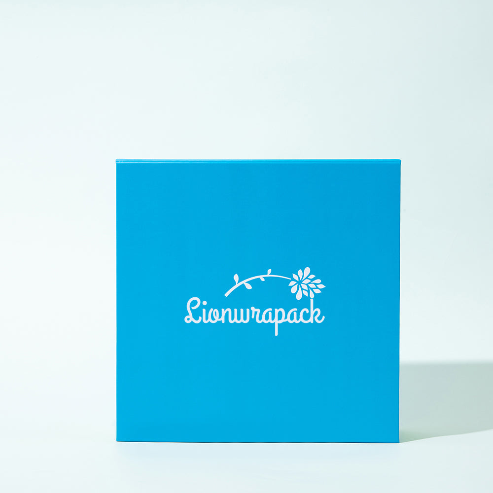 Cyan square presentation gift box with a white LIONWRAPACK logo