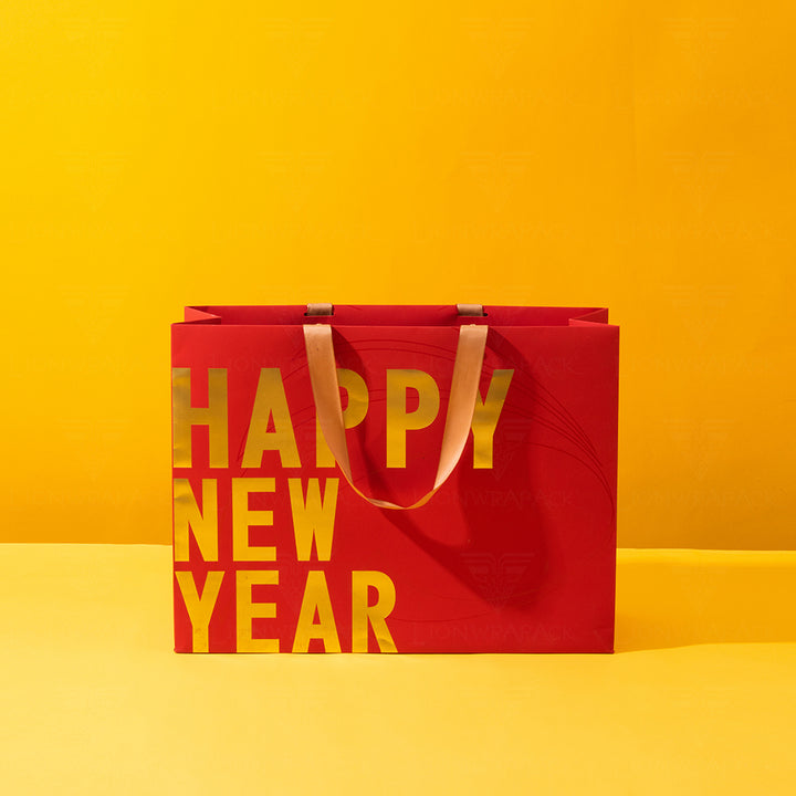 Red New Year Paper Gift Bags with Ribbon Handles