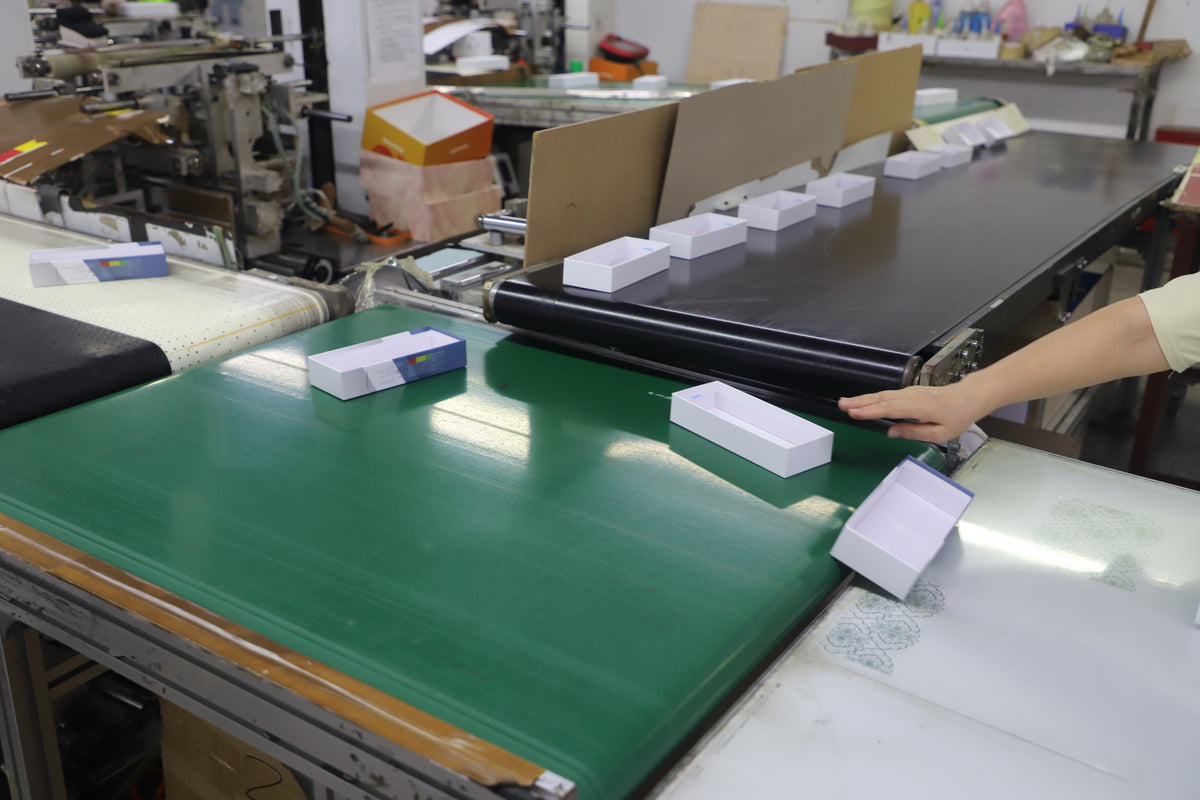 paper box conveyor line moving assembled packaging trays through production