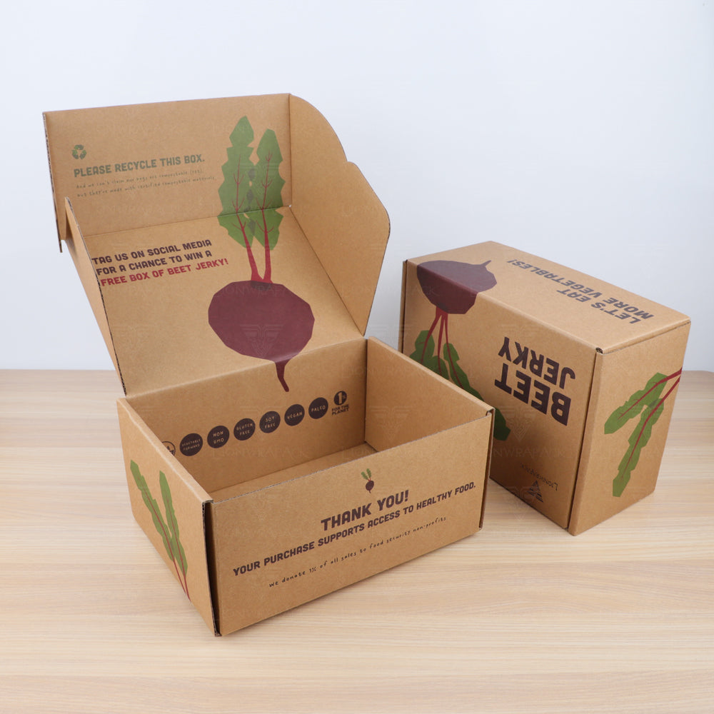 Open kraft corrugated mailer box printed with beetroot artwork and a matching closed box.