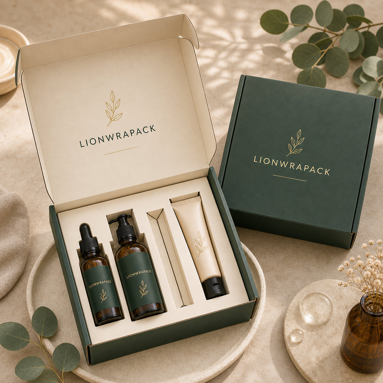 Cream and navy botanical mailer box with an orange interior