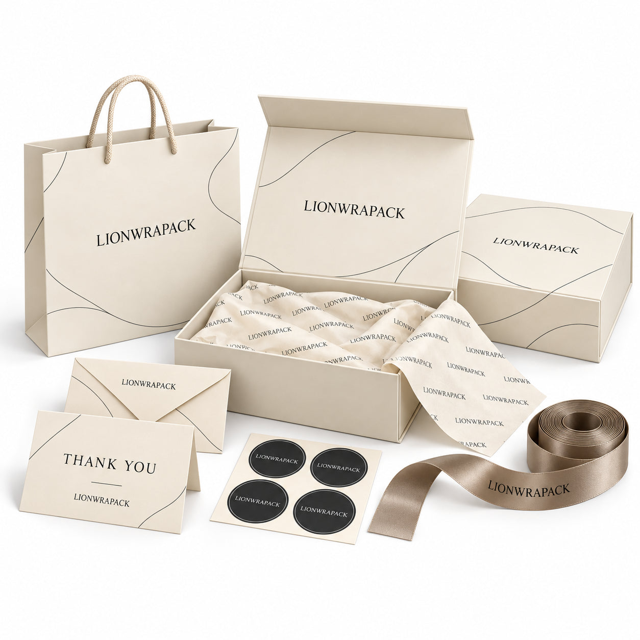 Coordinated cream LIONWRAPACK gift box, shopping bag, tissue, cards and ribbon